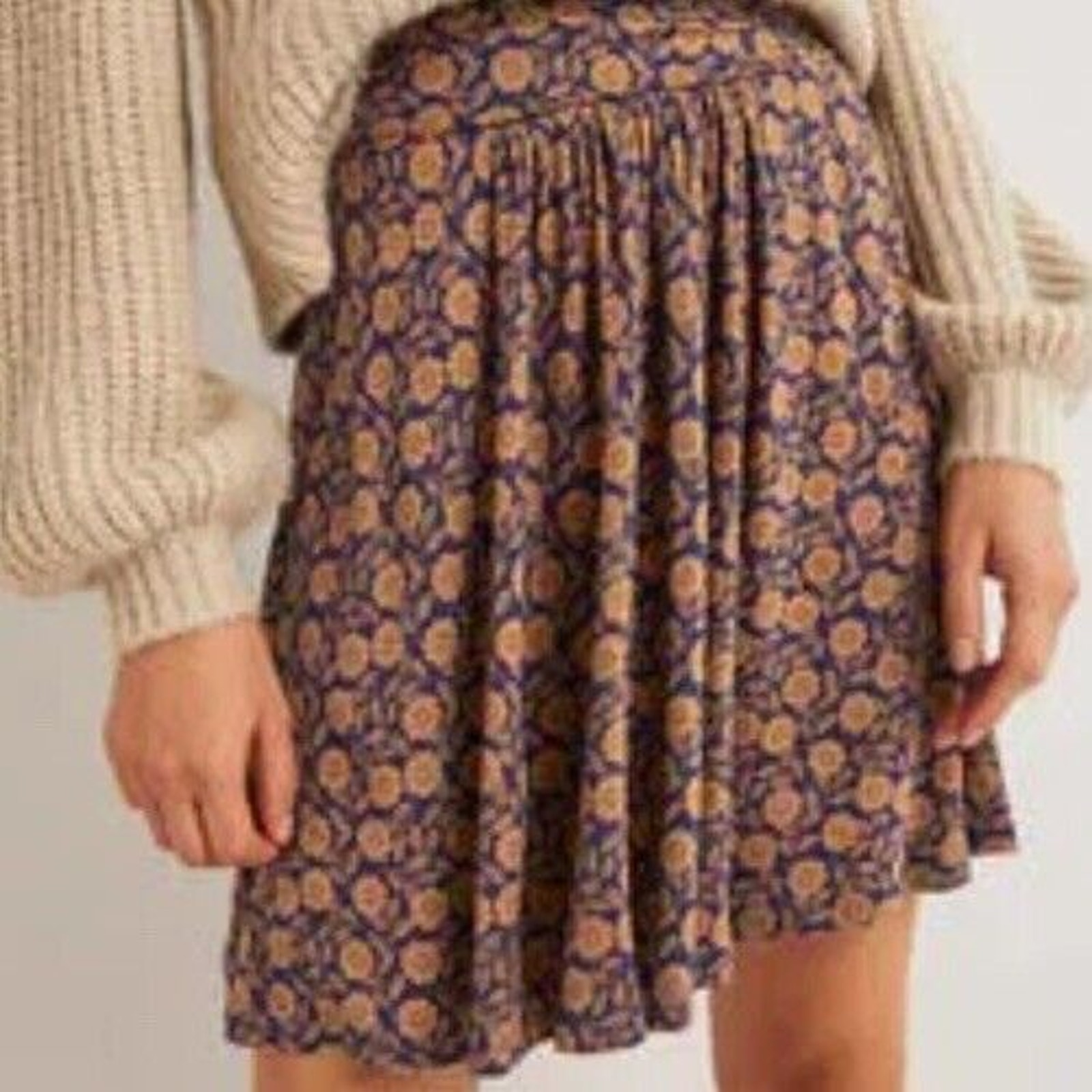 Boden Ruched Waist Jersey Skirt Women 10 Flare Short Brown Rust Navy Medallion